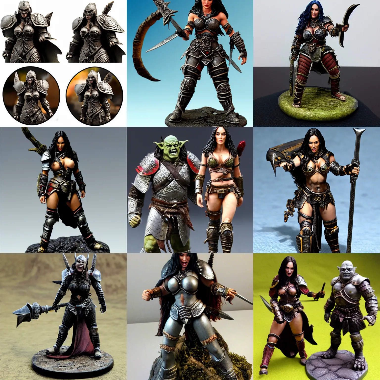 Prompt: 80mm resin detailed Miniature of Megan Fox in armor is talking with an orc warrior; Image on the store website, eBay, Full body