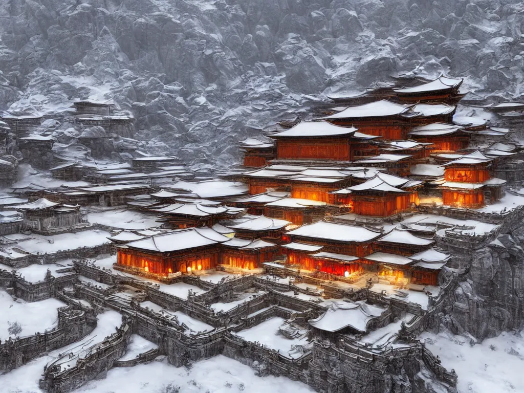 Prompt: shaolin monastery on snowy mountain, concept art, digital art, neon, 8 k, sad, yin yang, incandescent, cinematic lighting, ray tracing ambient occlusion, in a symbolic and meaningful style, insanely detailed and intricate, hypermaximalist, elegant, ornate, hyper realistic, super detailed