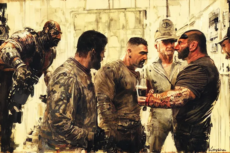 Image similar to dave bautista as replicant sapper morton is offered a drink at a party by dorian yates, painted by phil hale and rick berry and dean cornwell and norman rockwell and jeremy mann