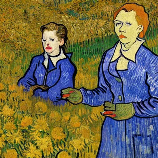 Image similar to van gogh painting of a sad hillary clinton standing in a flower field sunny