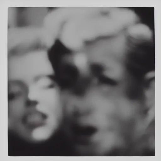 Prompt: damaged photo of marilyn monroe and jfk by diane arbus, black and white, high contrast, soft focus, rolleiflex, 5 5 mm f / 4 lens