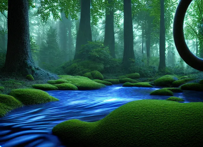 Prompt: hyperrealism, detailed textures, photorealistic 3 d render, a surreal mystical forest with a bright winding blue creek, sharp focus, ultra realistic, ultra high pixel detail, cinematic, intricate, cinematic light, concept art, illustration, art station, unreal engine 8 k