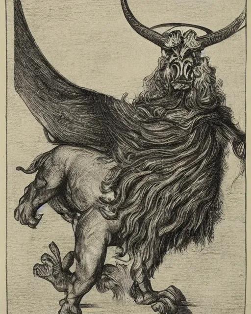 Image similar to a creature with the body and eyes of a man, with the beak of an eagle, the mane of a lion, and the horns of an ox. drawn by francis bacon