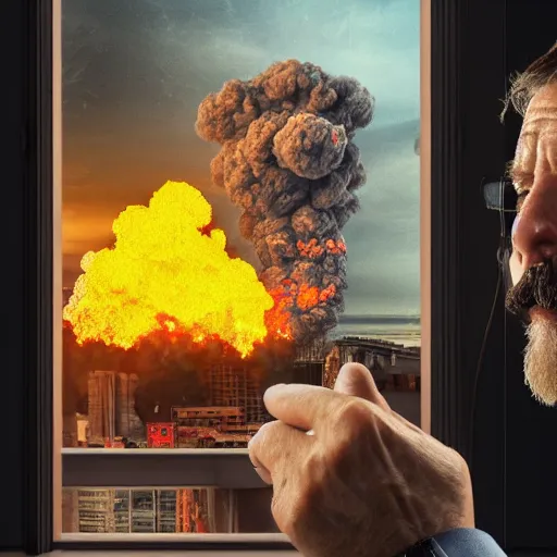 Image similar to mr. house, realistic, highly detailed face, looks at the big explosion, nuclear fungus, explosion, from the window of the lucky 3 8 casino, man smokes a cigar,! holding in his hand!, arm, cigarette advertising, hyperdetailed, artstation trending, ultra hd, artstation, photorealism, ultrarealistic, retro, 4 5 mm, elegant,