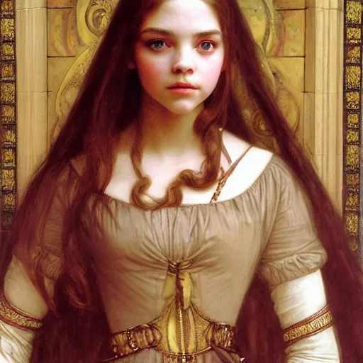 Image similar to detailed portrait painting of a princess who resembles Anya Taylor Joy, Chloe Grace Moretz, and Emma Watson in a steampunk cathedral by Michael Whelan, William Adolphe Bouguereau, John Williams Waterhouse,