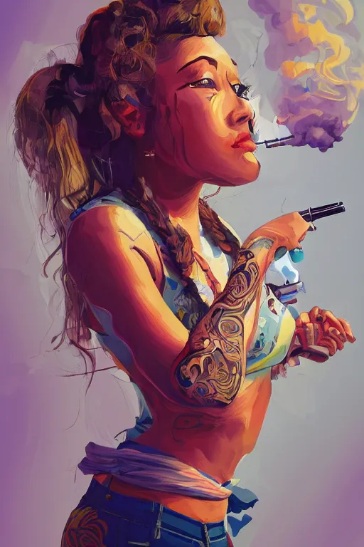 Image similar to painting of a gangster girl holding a gun and smoking, cute face, intricate, highly detailed, digital painting, official media, concept art, rich vivid colors, ambient lighting, sharp focus, illustration