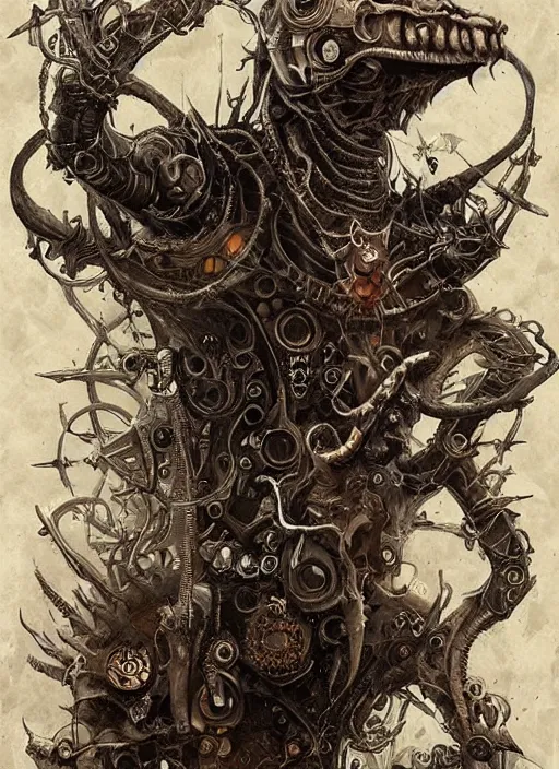 Image similar to a full page concept designs of extraterrestrial dark creature concept art, steampunk blueprint, intricate details, ink on paper, scientific, Highly detailed labeled, poster, Peter Mohrbacher