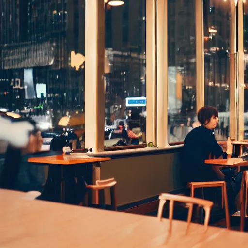 Image similar to an actual picture of byun baekhyun drinking tea in a cafe in downtown new york, photography, 5 0 mm, kodak, uhd 8 k, motion blur,