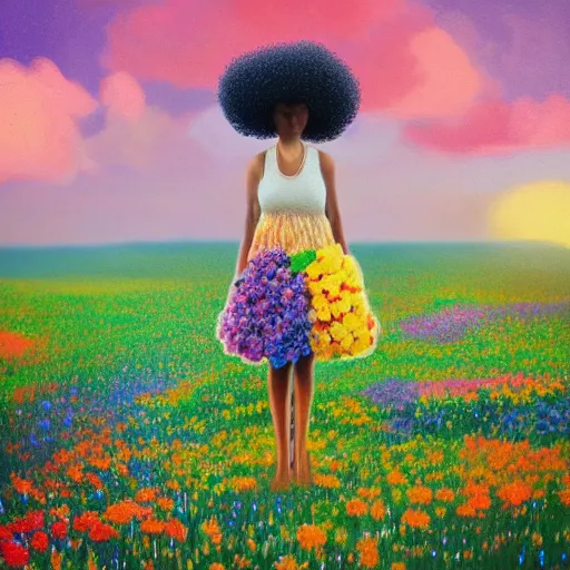 Prompt: afro made of colorful flowers, full body, girl standing in the middle of a field with flowers, surreal photography, hills, big trees, sunrise dramatic light, impressionist painting, colorful clouds, digital painting, pointillism, artstation, simon stalenhag