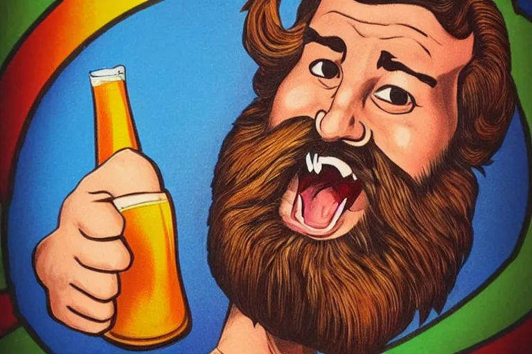 Prompt: a man holding a beer giving a thumbs up with a long beard, artwork in the style of 80's movie poster airbrushing