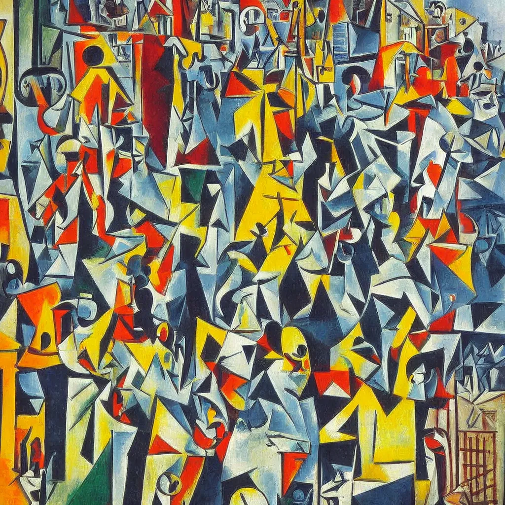 Prompt: busy intersection in the metropolis, canvas, oil paint, artwork by pablo picasso, detailed