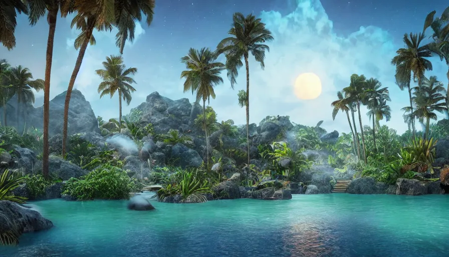 Prompt: volcano at night, moonlight, soothing lush landscape, detailed aqua lagoon, surrounded by crystal palm trees, unreal engine, realistic shading, realistic render, octane render, detailed textures, photorealistic, wide shot