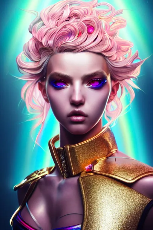 Image similar to hyperdetailed portrait of a stunningly beautiful european girl androgynous guard made of iridescent metals shiny pink gems, bright rainbow gold sparkled nimbus, inspired by ross tran and wlop and masamune shirow and kuvshinov, concept art, intricate, photorealistic, octane render, rtx, hdr, unreal engine, dnd digital art by artgerm