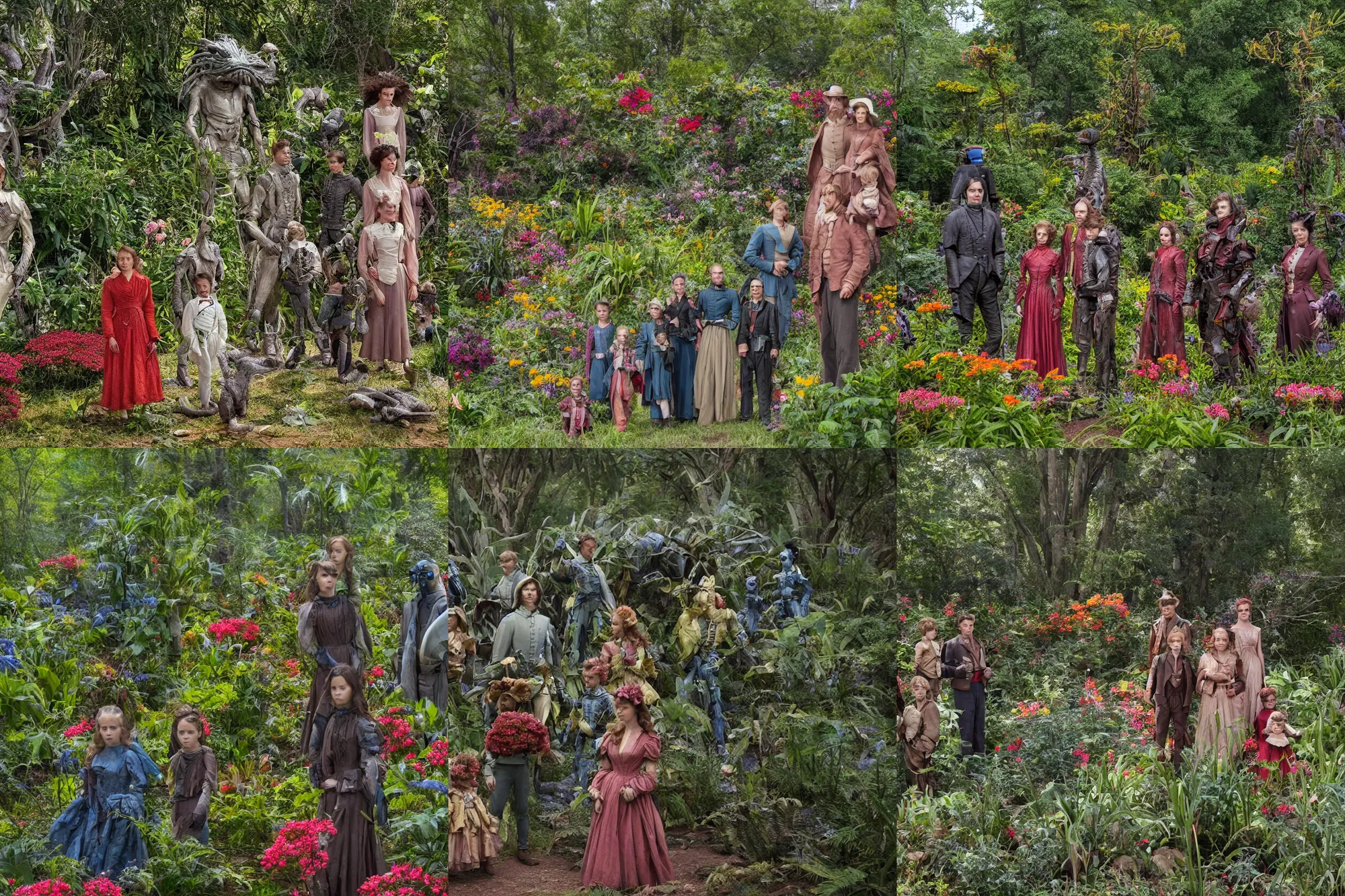 Prompt: sharp, detailed, 368640k film, 1750000mm film still from a sci fi blockbuster color movie made in 2019, set in 1860, of a family standing in a park, next to some strange alien plants and flowers, on an alien planet, the family are all wearing 1860s era clothes, good lighting, enhanced faces, 700mm f/1.4L lens
