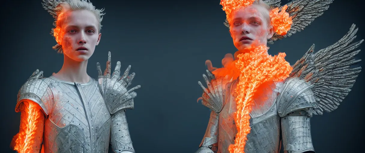 Image similar to hyperrealist highly detailed english medieval portrait of high fashion archangel wearing flame fire smoke flame armor, radiating atomic neon corals, veiny network growth with ghostly ghost translucent ghost armor, concept art pascal blanche dramatic studio lighting 8k wide angle shallow depth of field