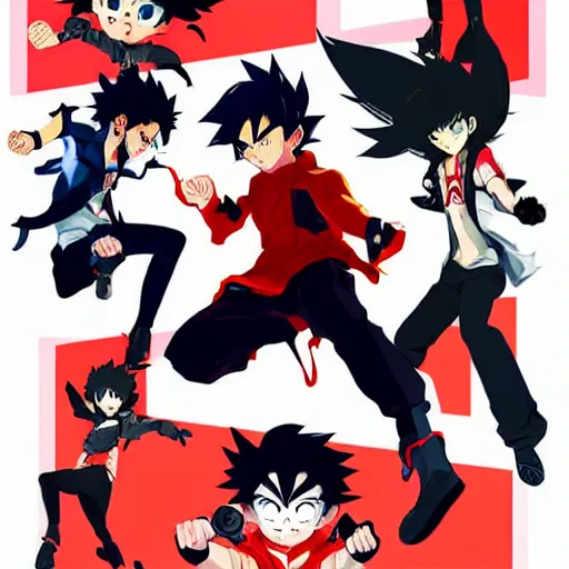 Image similar to a vector art of young goku as a persona 5 character game. An spinoff by Stanley artgem LAU , trending on artstation, artbook, stylish, persona 5 art style WLOP, Rossdraws, Gesture draw, James Jean, Andrei Riabovitchev, Marc Simonetti, and Sakimichan,