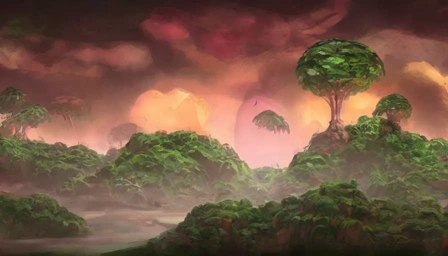 Image similar to beautiful stunning slightly cloudly sky with various differently colored floating islands made of dirt and sand and stone with many varied rainforest forest desert plants and few little animals, landscape, fantasy, concept art, unreal engine, painted in photoshop, krita, clip studio paint, procreate, mypaint, digital art, trending on artstation