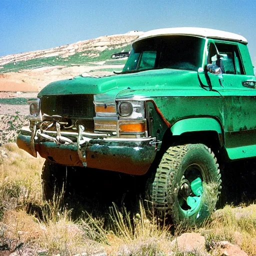 Image similar to photo, green river wyoming, off road truck, kodak ektachrome 1 2 0,