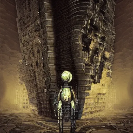Prompt: man and robot standing at a architectural complex by Android Jones and M. C. Escher collaboration, futurist, digital art, dramatic lighting, symbolic