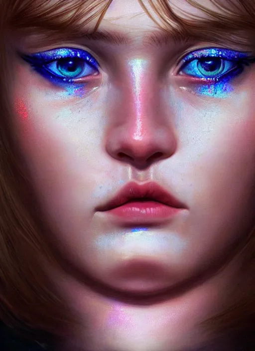Prompt: portrait of a gorgeous girl, perfect blue eyes, detailed iridescent floral pattern skin, ultra realistic, cinematic lighting, depth of field, artstation, Gottfried Helnwein
