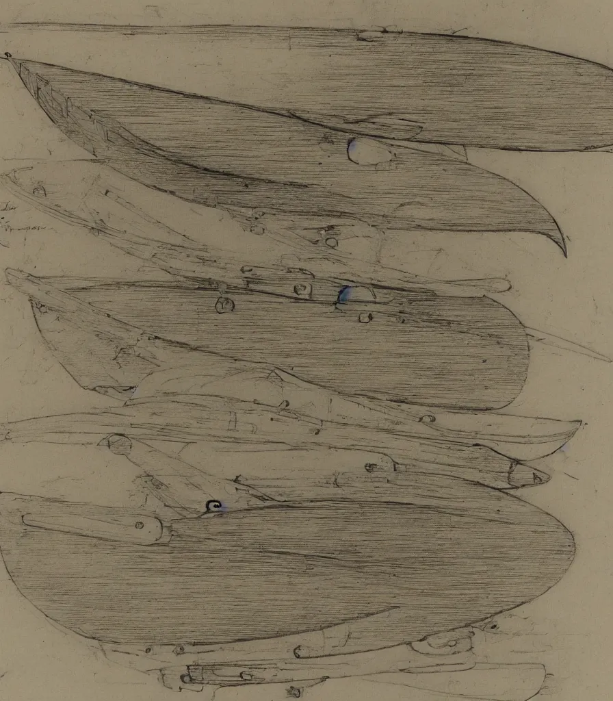 Prompt: blueprint sketch of a beautiful surfboard painted by leonardo da vinci, technical sketch, high detail, charocal drawing, firewire gofish