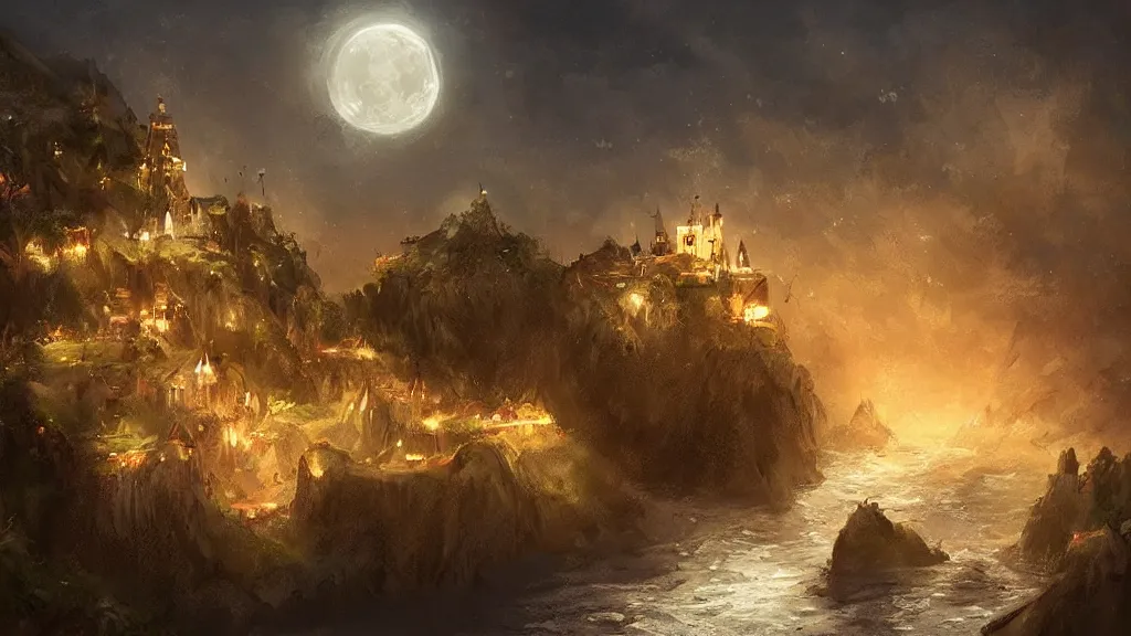 Image similar to A medieval fantasy village on the side of a cliff by the ocean , crescent moon, light glowing from windows at night concept art by James Paick