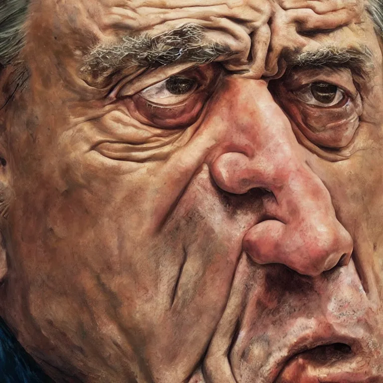 Image similar to close up studio portrait of aging old Robert De Niro age 115 wrinkled angry, shiny impasto oil painting by Lucian Freud and Tim Hawkinson and Cy Twombly, trending on artstation Studio lighting Expressionism