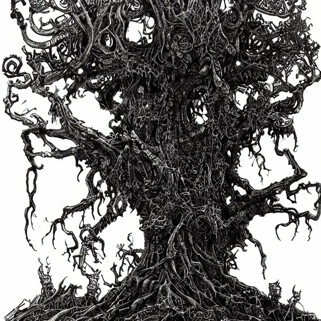 Image similar to black micron pen illustration, The Hag Tree by Ian Miller, white background, artstation