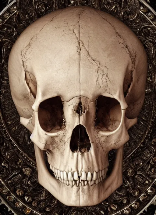 Image similar to hyper realistic photography of intricate renaissance skull ornament made of bone cinematic, symmetric detailed, artstation, cgsociety