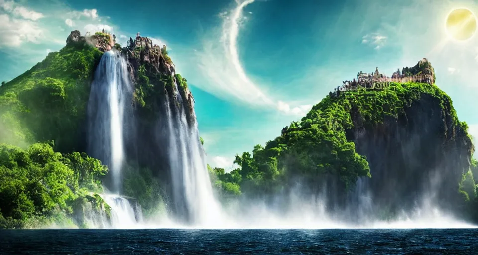 Prompt: A magnificent floating island in the sky above the sea, defying gravity, floating and flying island, waterfall, epic lighting, epic composition, highly detailed