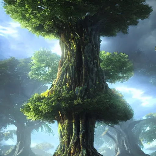 Image similar to The tree of the knowledge of good and evil, photorealistic, fantasy, unreal engine, colorful, cinematic