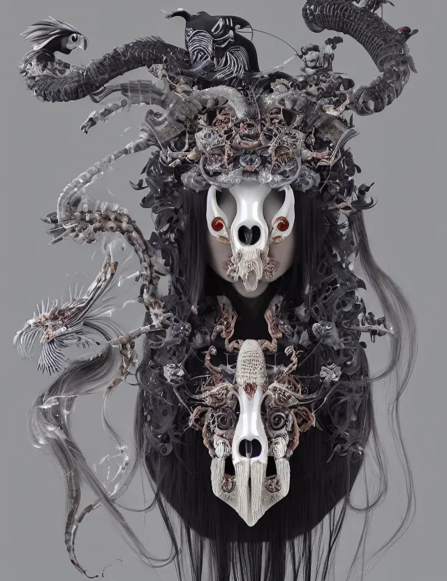 Prompt: 3 d goddess ram skull half - turn portrait with long hair with ram skull. beautiful intricately detailed japanese crow kitsune mask and clasical japanese kimono. betta fish, jellyfish phoenix, bio luminescent, plasma, ice, water, wind, creature, artwork by tooth wu and wlop and beeple and greg rutkowski