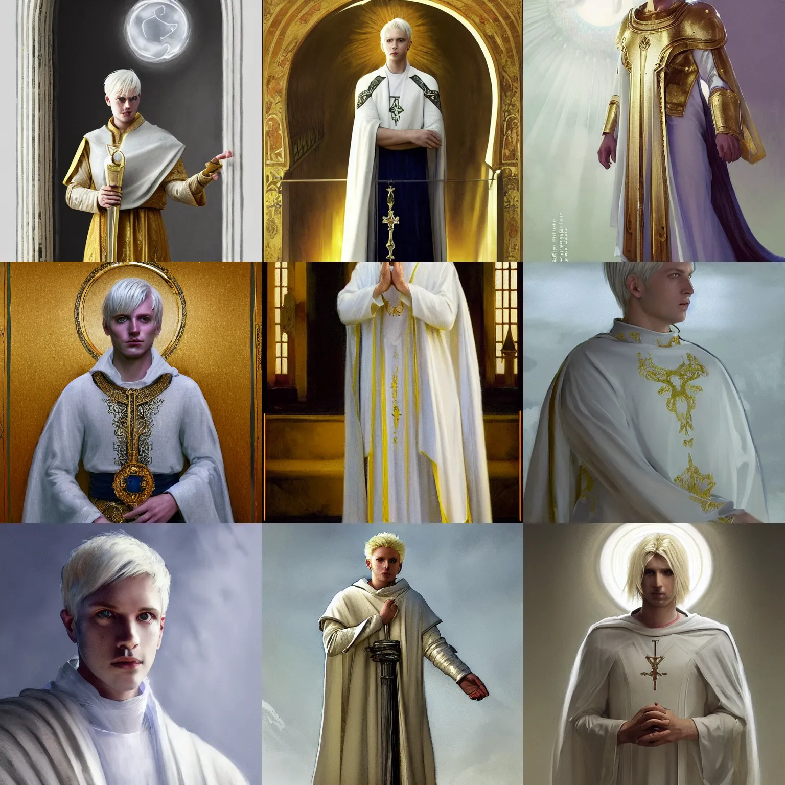 Prompt: Portrait of an Aasimar man wearing white and gold cleric vestments, short platinum blonde hair a kind face a halo of light over his head and a distantly hopeful expression, cinematic lighting, detailed, beautiful, illustration by Greg Rutkowski, Andrei Riabovitchev Jean Giraud Tom Anders Zorn, Edward Hopper and Ilya Kushinov, Frederick Bacon, Tom Anders Zorn, John Collier, Vladimir Abat-Cherkasov