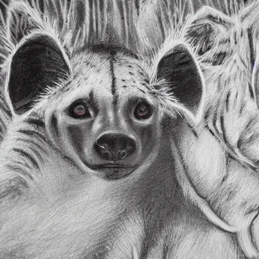 Prompt: highly detailed charcoal painting of a devilish hyena in the woods