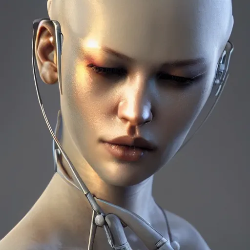 Image similar to daz3d genesis 8 female cyborg cyberpunk, Iray shaders, studio HDRI soft lighting, natural skin textures ultra hd 8k, ray traced, unreal engine, cinematic realistic portrait, reflective metal, sub surface scattering