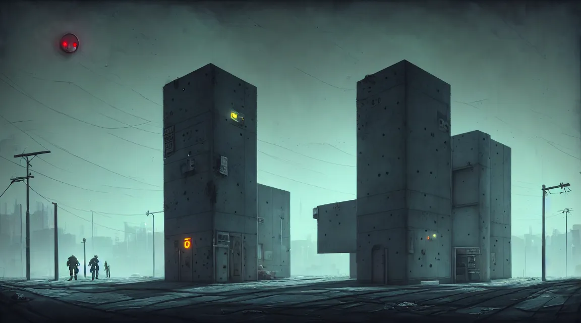 Prompt: post - apocalyptic police station, concrete building, paved roads, by simon stalenhag, by h. r giger, highly detailed photography, trending on artstation, hyperrealistic, human silhouettes, cyberpunk, environment artist, dystopian, science fiction, synthwave neon retro