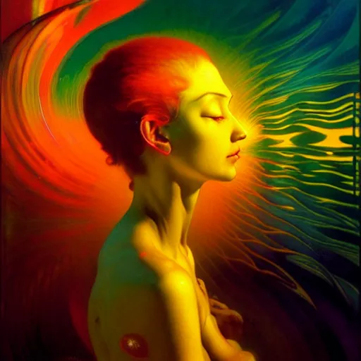 Prompt: extremely transcendent bodhisattva mind bending psychedelic waves of glossy liquid honey flowing like kaleidoscopic translucent amber, lsd waves, honey ripples, enlightenment, high contrast lighting, refracted sunset, highly detailed, concept art, art by collier, albert aublet, krenz cushart, artem demura, alphonse mucha