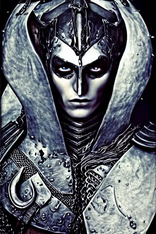 Image similar to head and shoulders portrait of an eldritch knight, drow, dark elf, shadar kai, male, breastplate, magical, high fantasy, d & d, by annie liebovitz, face details, extremely detailed, vogue fashion photo