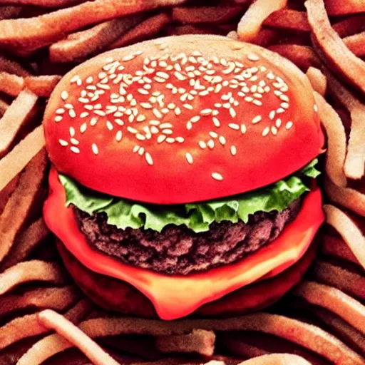 Prompt: blood vessels with burger floating inside.