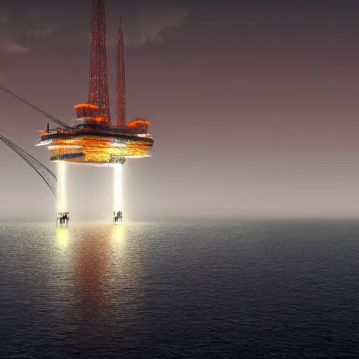 Prompt: concept art of a futuristic massive oil rig in the ocean, at night, ominous and forboding