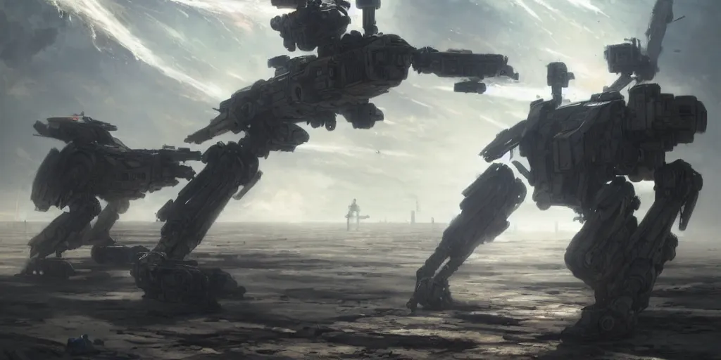 Prompt: an armored core on the ground, booster, legs, laser rifles, clouds, daylight ; detailed illustrations, pastel tones, deep colors, clear lines, by jordan grimme, greg rutkowski