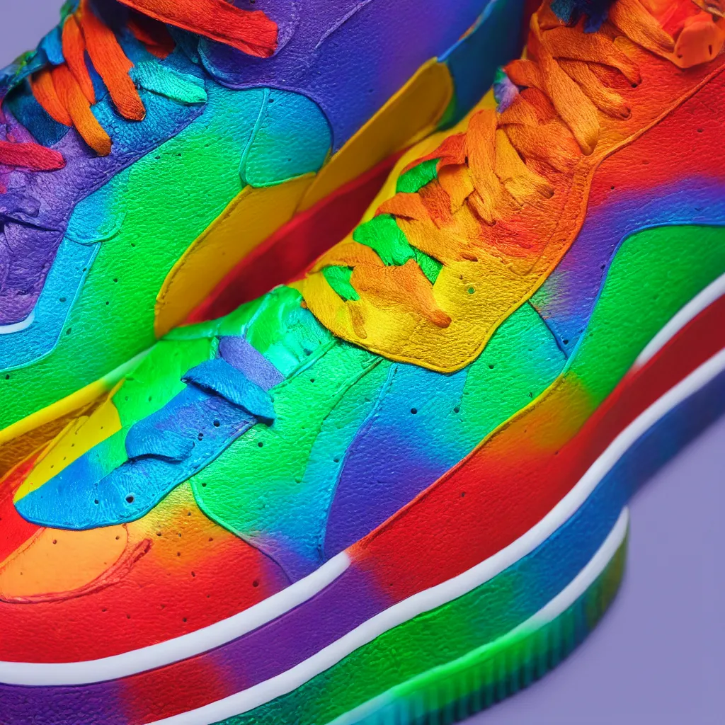 Image similar to photography of a realistic rainbow color air force sneaker, ultra detailed, 8 k, black background