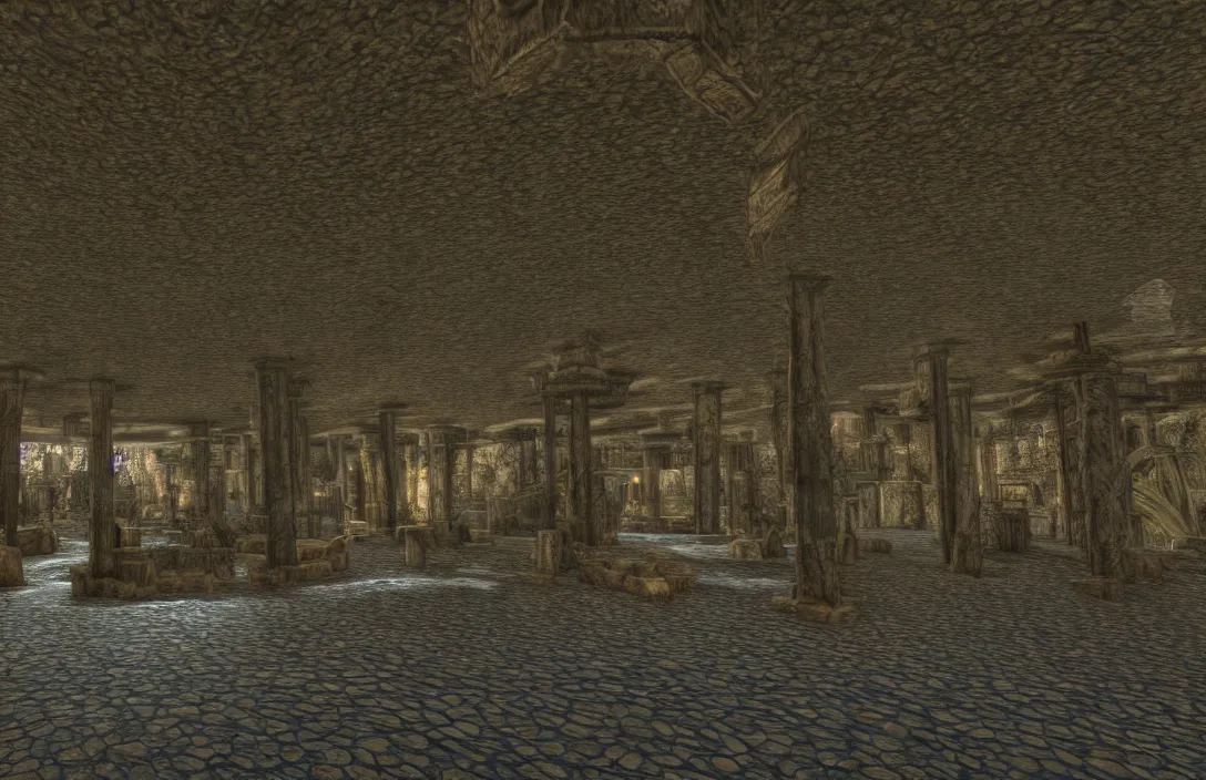 Image similar to vacation photos from morrowind. hyperrealism by ansel adams 8 k resolution texture graphics mods 1 2 0 fps interior of waterworks underneath city