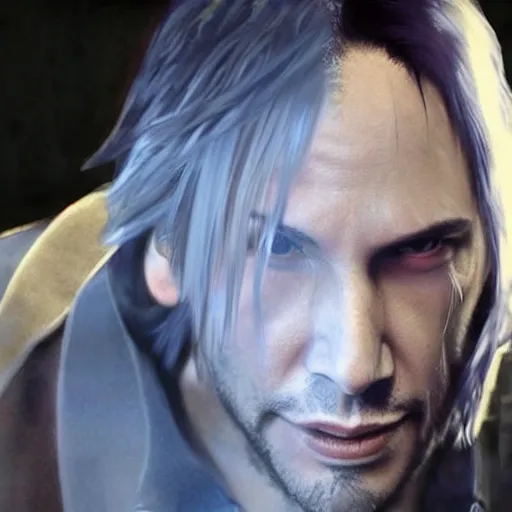 Image similar to Fusion of Dante from Devil May Cry and Keanu Reeves, film still, photorealistic