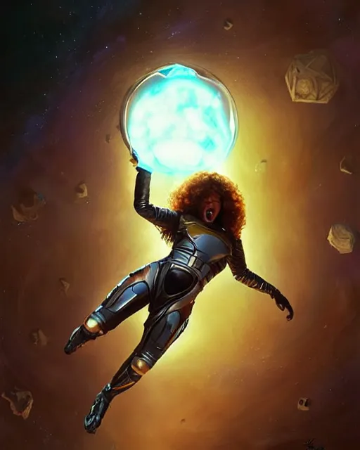 Image similar to zendaya screaming in fear in a space suit with a helmet levitating through the darkness of space, deep focus, D&D, fantasy, intricate, elegant, highly detailed, digital painting, artstation, concept art, matte, sharp focus, illustration, hearthstone, art by Artgerm and Greg Rutkowski and Alphonse Mucha