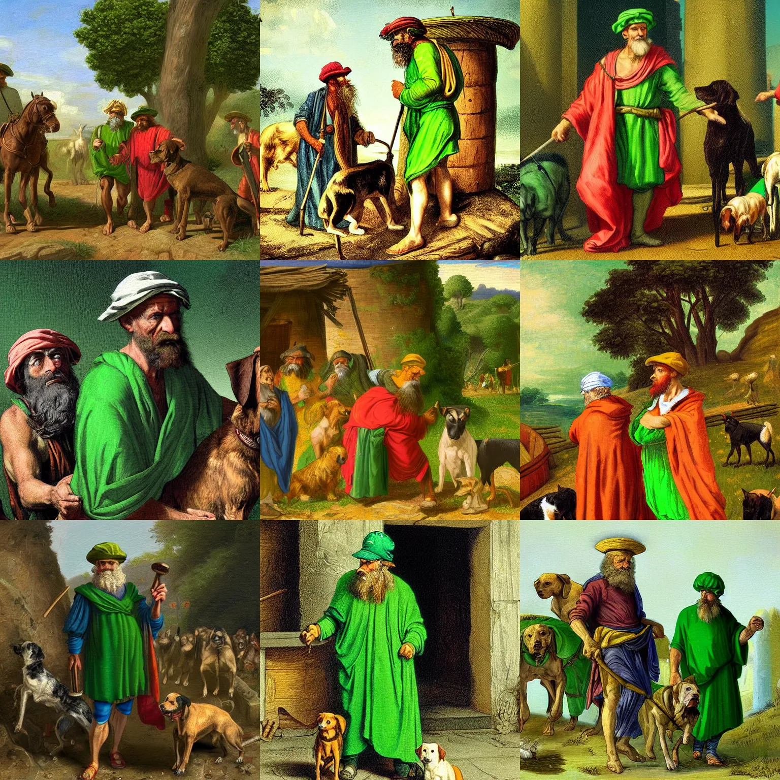 Prompt: Diogenes wearing a bright green! cap! hat, near his barrel home, with dogs, beautiful, digital painting, highly detailed