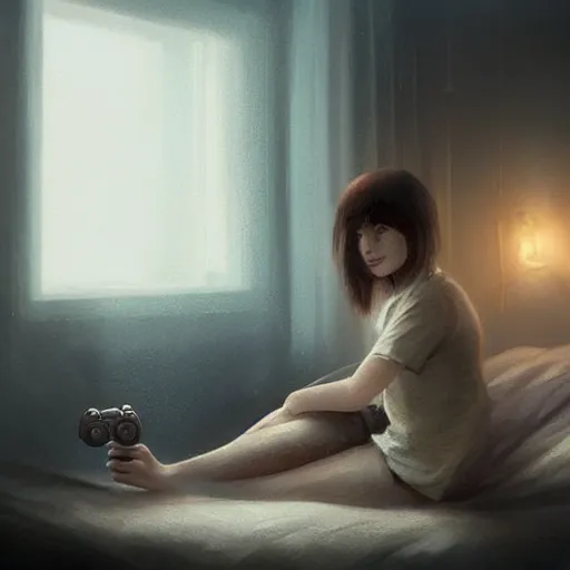 Image similar to Epic portrait a woman playing videogames in her room during nighttime, blurred backround, city window view, white t shirt and brown bang hair, digital painting, artstation, concept art, soft light, hdri, smooth, sharp focus, illustration, fantasy, intricate, elegant, highly detailed, D&D, matte painting, in the style of Greg Rutkowski and Alphonse Mucha and artemisia, 8k, highly detailed, jurgens, rutkowski, bouguereau, pastoral, rustic, georgic