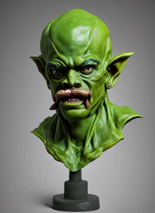 Image similar to a bust sculpture of anatomical detailed goblin, nicolas maduro, green blood, become human, ceramic base, orthographic, studio lighting