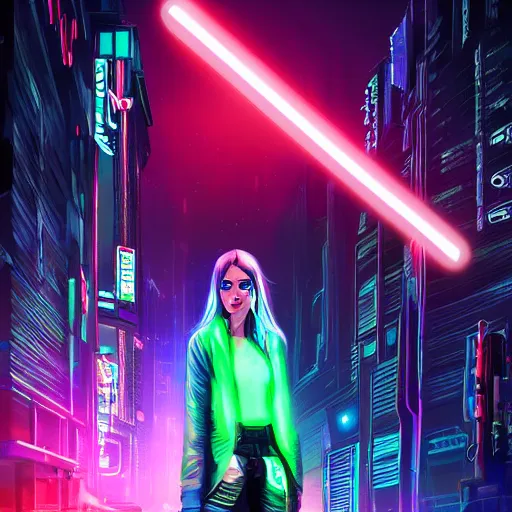 Image similar to a girl with a lightsaber in a neon cyberpunk city at night, art station, digital art, cinematic