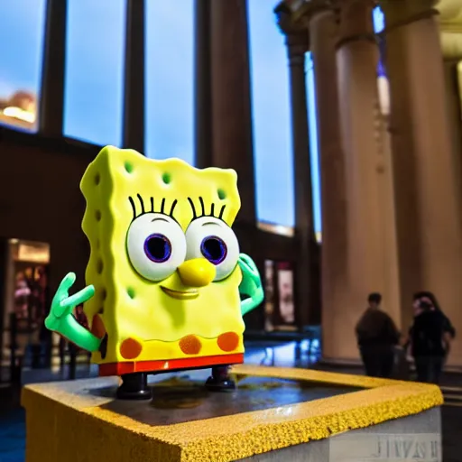 Image similar to spongebob squarepants, a statue from ancient rome in a museum, 8 k photography, 3 5 mm f / 1. 2